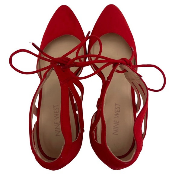 NINE WEST • Bright Red Stefani Suede Strappy Pointed Toe Block High Heels - Picture 9 of 14